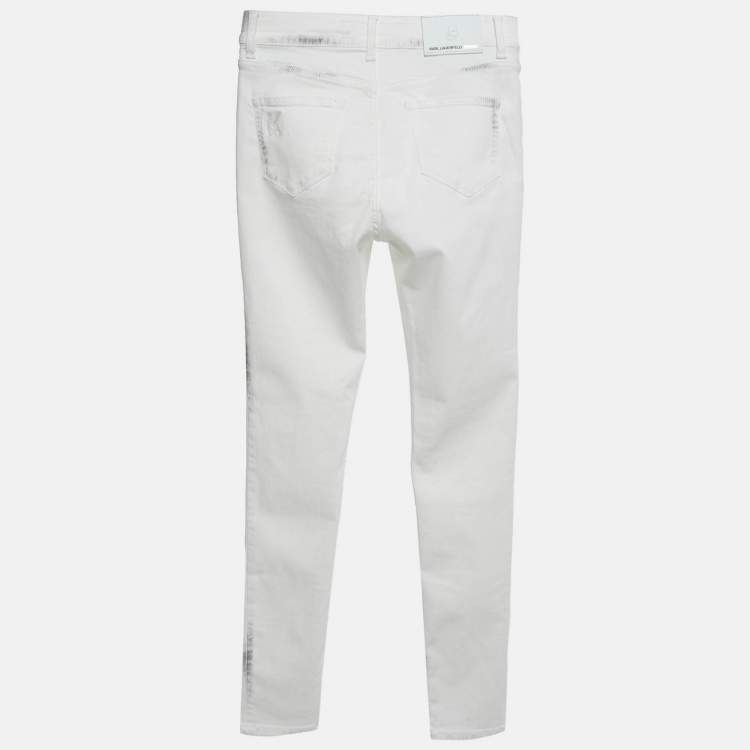 Pre Owned Karl Lagerfeld White Splatter Print Denim Jeans S Waist 27"