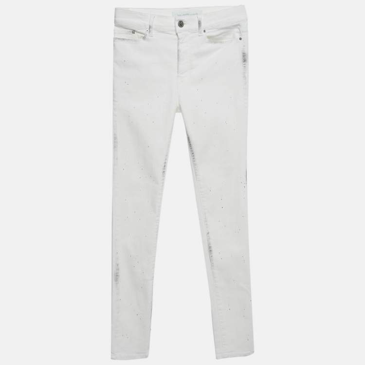 Pre Owned Karl Lagerfeld White Splatter Print Denim Jeans S Waist 27"