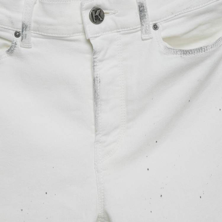 Pre Owned Karl Lagerfeld White Splatter Print Denim Jeans S Waist 27"