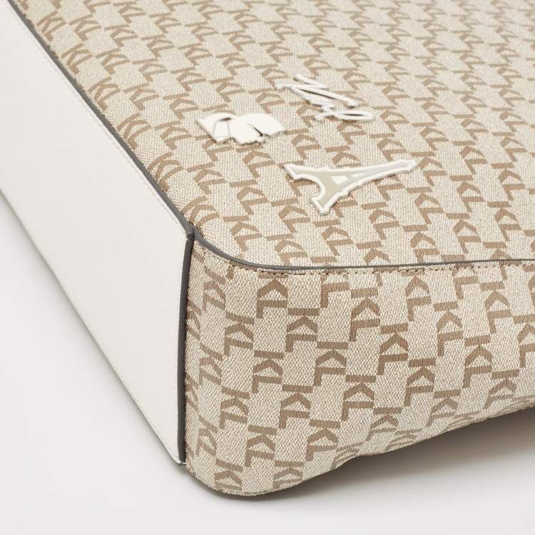 Pre Owned Karl Lagerfeld Taupe/White Monogram Coated Canvas Tote