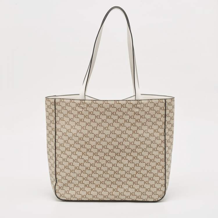 Pre Owned Karl Lagerfeld Taupe/White Monogram Coated Canvas Tote