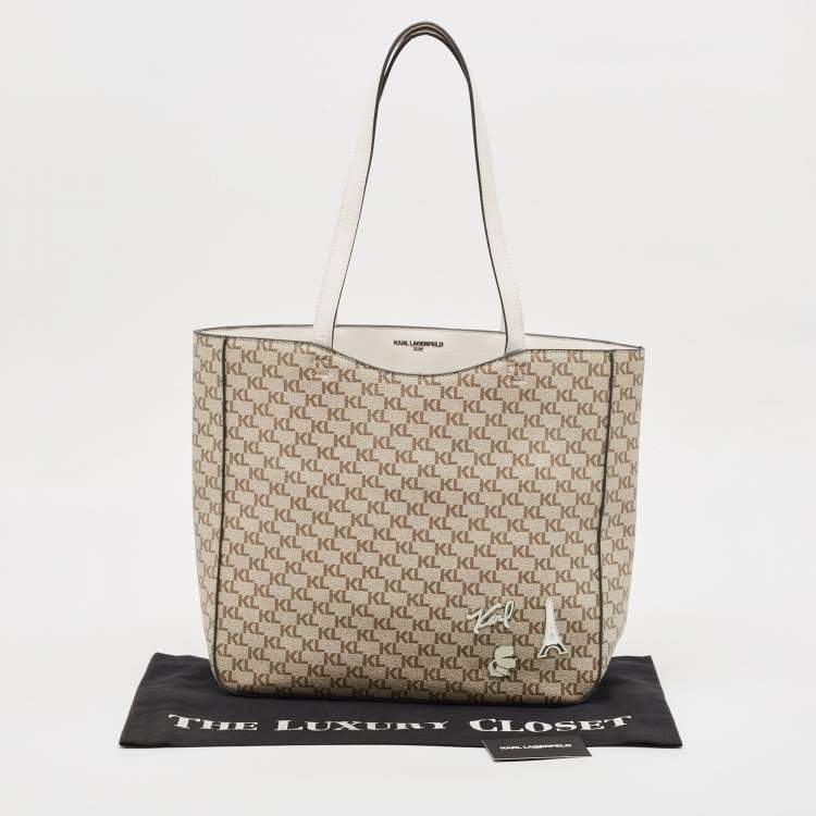 Pre Owned Karl Lagerfeld Taupe/White Monogram Coated Canvas Tote