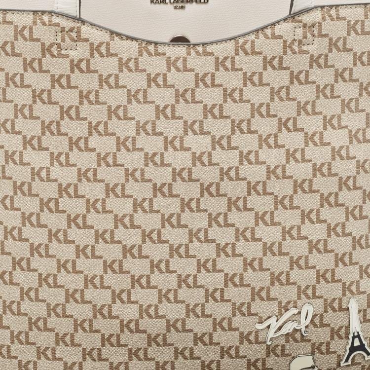 Pre Owned Karl Lagerfeld Taupe/White Monogram Coated Canvas Tote