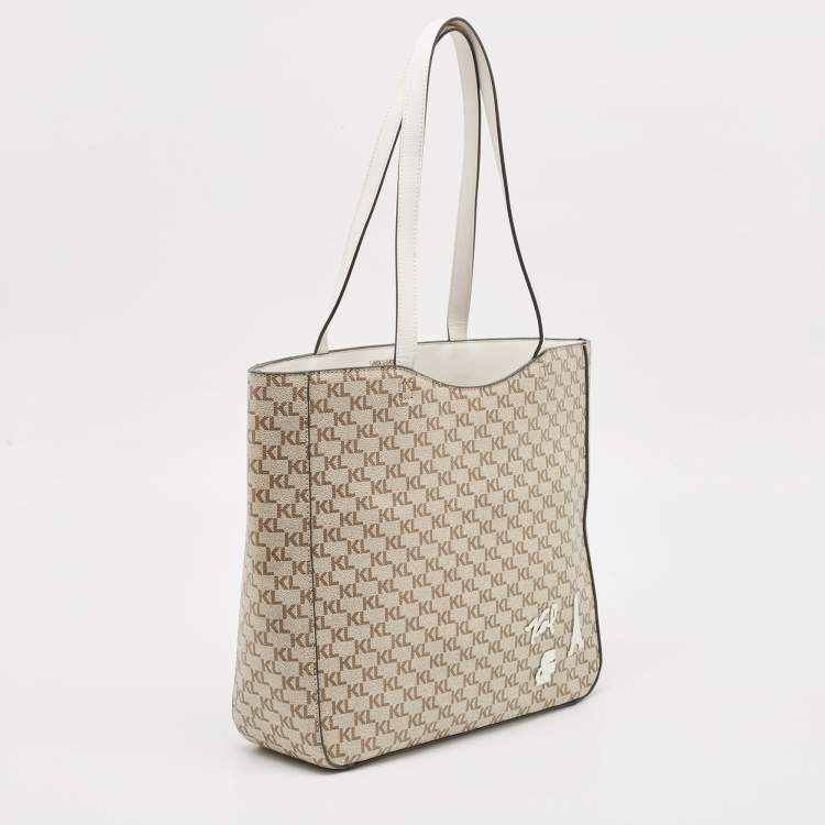 Pre Owned Karl Lagerfeld Taupe/White Monogram Coated Canvas Tote
