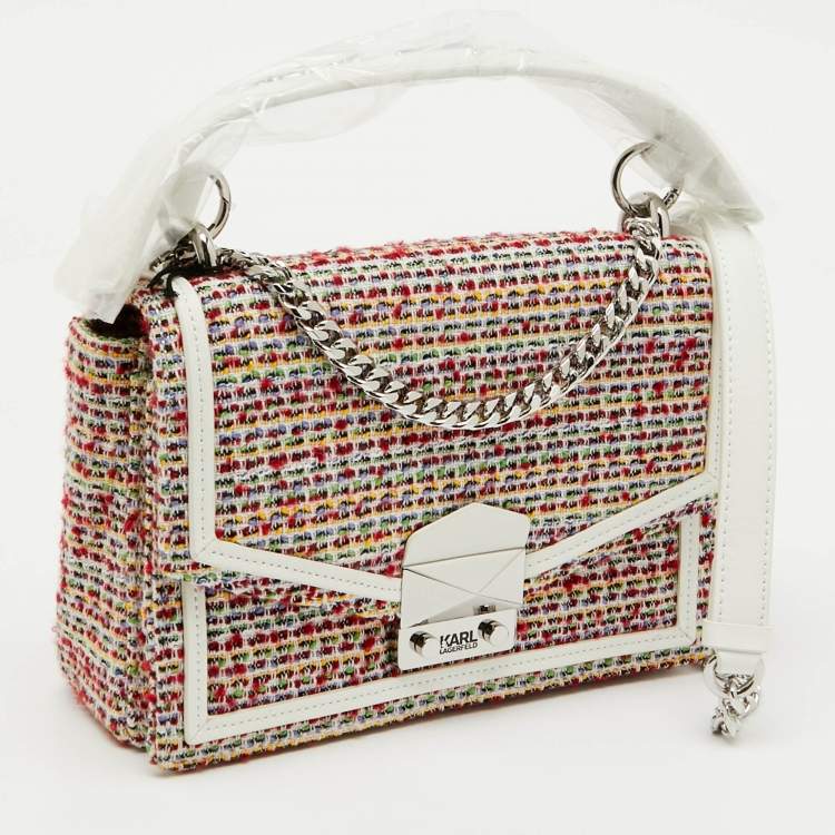 Pre Owned Karl Lagerfeld Multicolor Tweed and Leather Flap Top Handle Bag