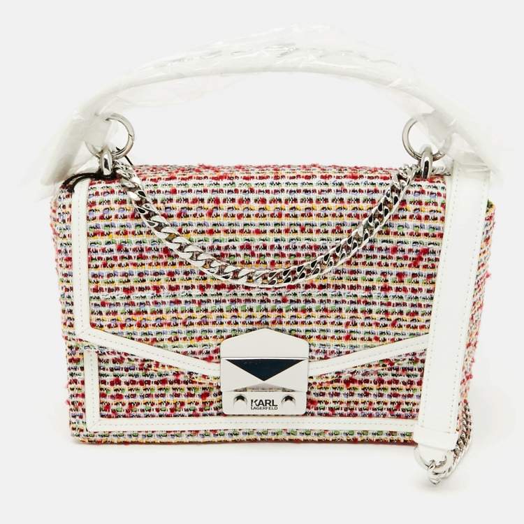 Pre Owned Karl Lagerfeld Multicolor Tweed and Leather Flap Top Handle Bag