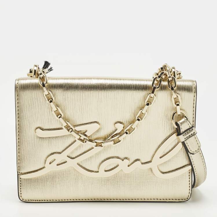 Pre Owned Karl Lagerfeld K/Signature Gold Leather Shoulder Bag