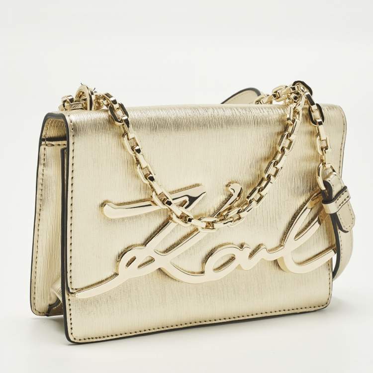 Pre Owned Karl Lagerfeld K/Signature Gold Leather Shoulder Bag