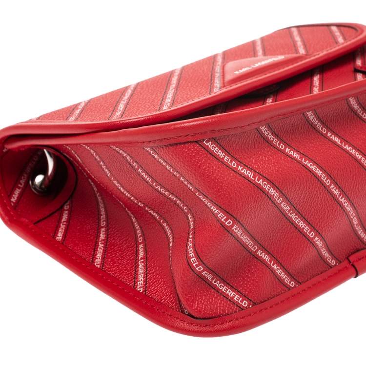 Pre Owned Karl Lagerfeld Red Coated Canvas K/Stripe Logo Crossbody Bag    