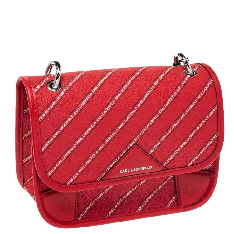 Pre Owned Karl Lagerfeld Red Coated Canvas K/Stripe Logo Crossbody Bag    
