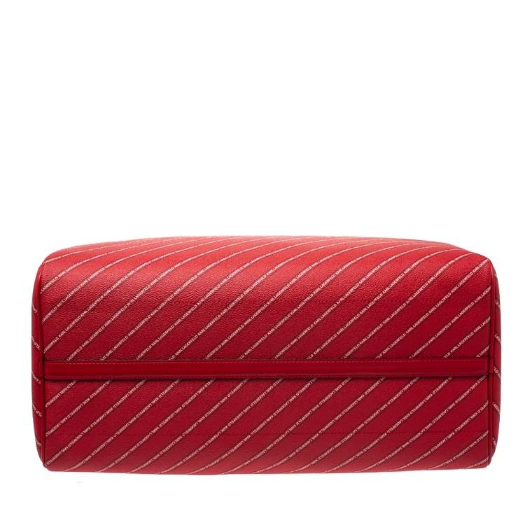 Pre Owned Karl Lagerfeld Red Coated Canvas and Leather K/Stripe Logo Weekender Bag