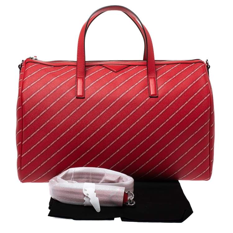 Pre Owned Karl Lagerfeld Red Coated Canvas and Leather K/Stripe Logo Weekender Bag
