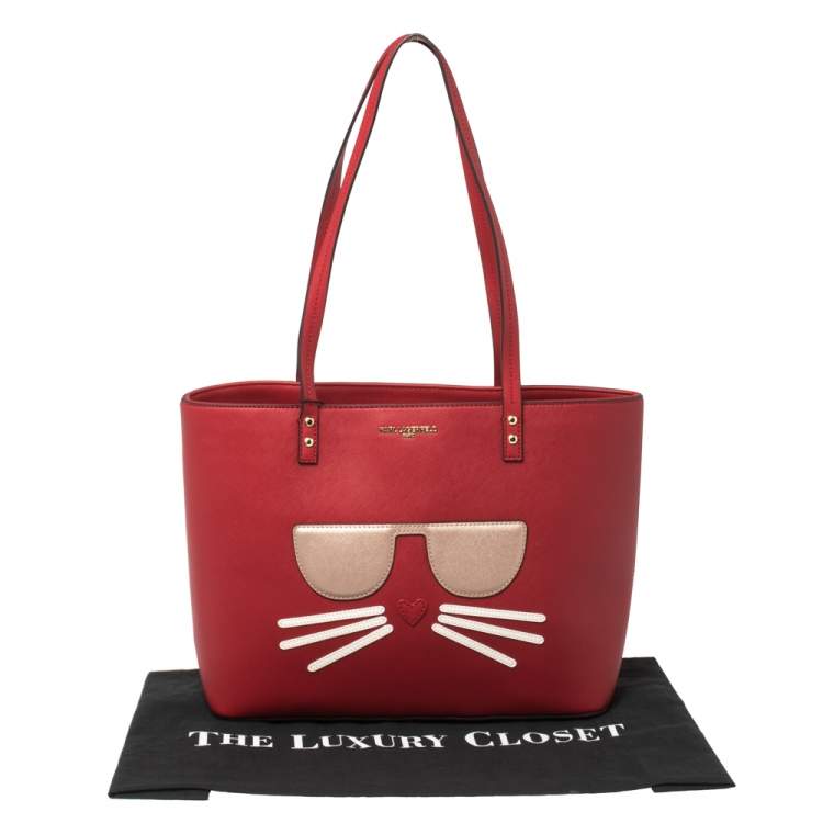 Pre Owned Karl Lagerfeld Red Leather Maybelle Cat Tote