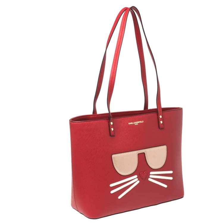 Pre Owned Karl Lagerfeld Red Leather Maybelle Cat Tote