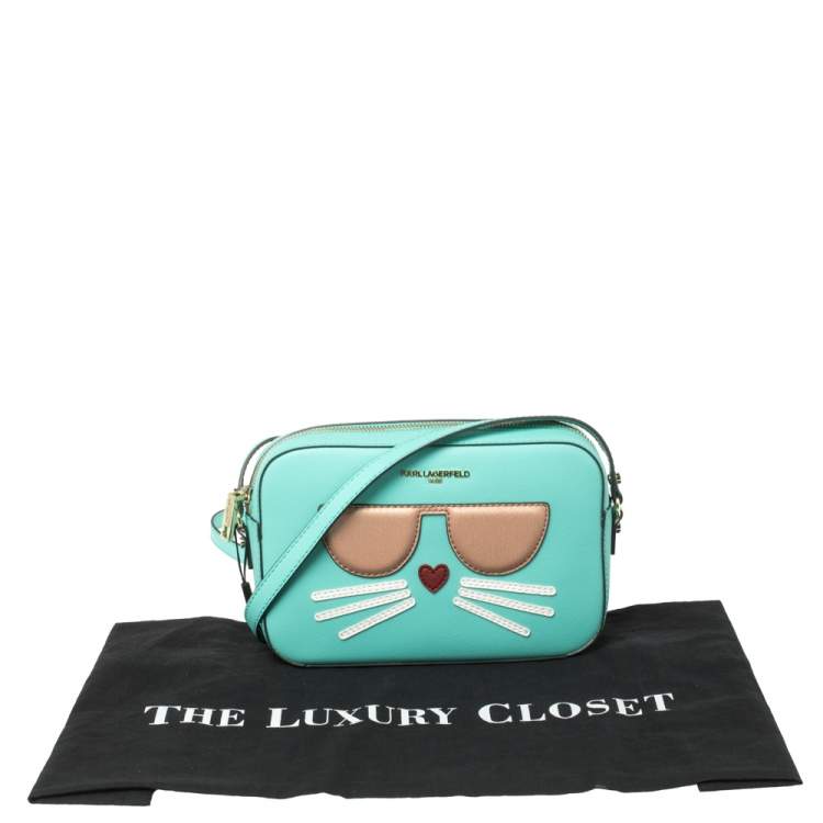 Pre Owned Karl Lagerfeld Mint Green Leather Maybelle Choupette Crossbody Bag                   