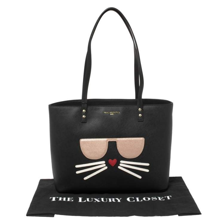 Pre Owned Karl Lagerfeld Black Leather Maybelle Cat Tote