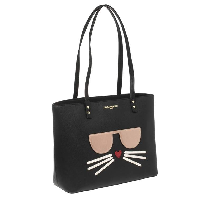 Pre Owned Karl Lagerfeld Black Leather Maybelle Cat Tote