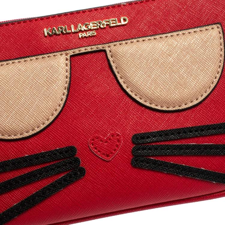 Pre Owned Karl Lagerfeld Red Leather Choupette Wristlet Clutch
