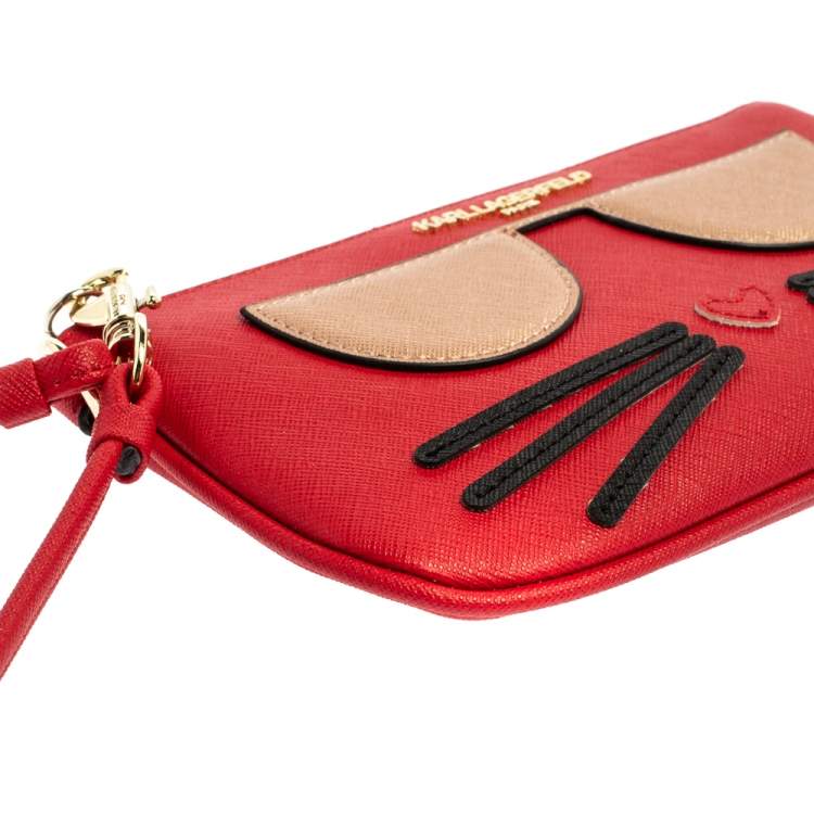 Pre Owned Karl Lagerfeld Red Leather Choupette Wristlet Clutch