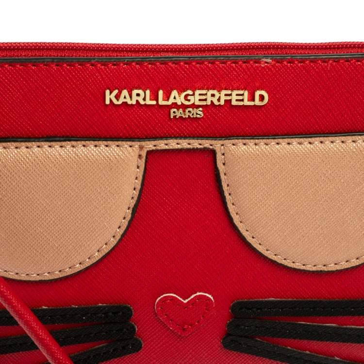 Pre Owned Karl Lagerfeld Red Leather Choupette Wristlet Clutch