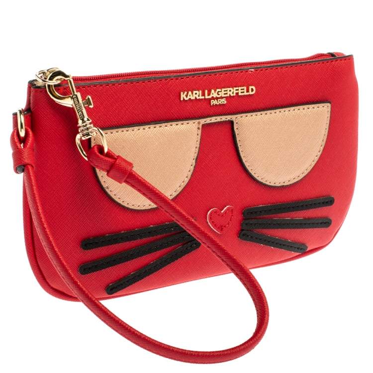 Pre Owned Karl Lagerfeld Red Leather Choupette Wristlet Clutch