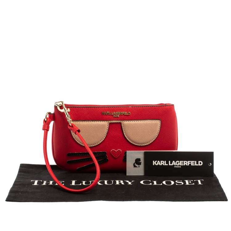 Pre Owned Karl Lagerfeld Red Leather Choupette Wristlet Clutch