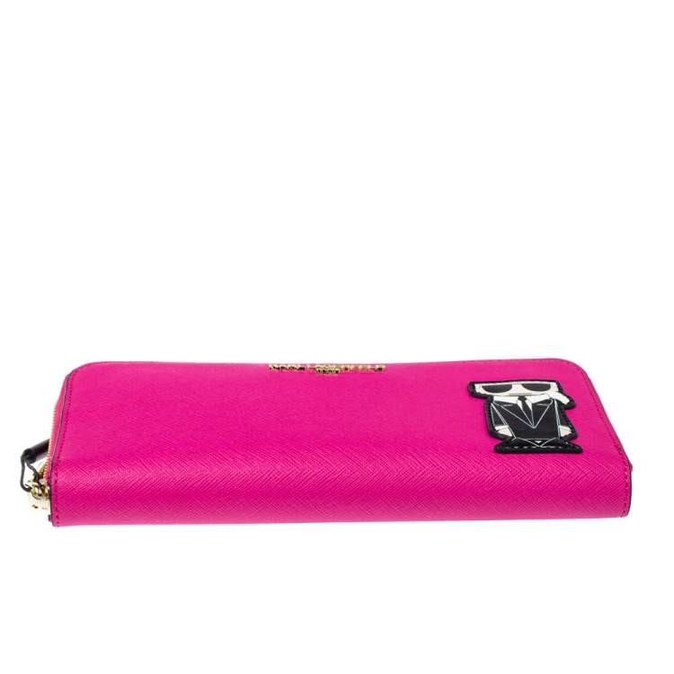 Pre Owned Karl Lagerfeld Pink Leather K/Ikonik Zip Around Wallet