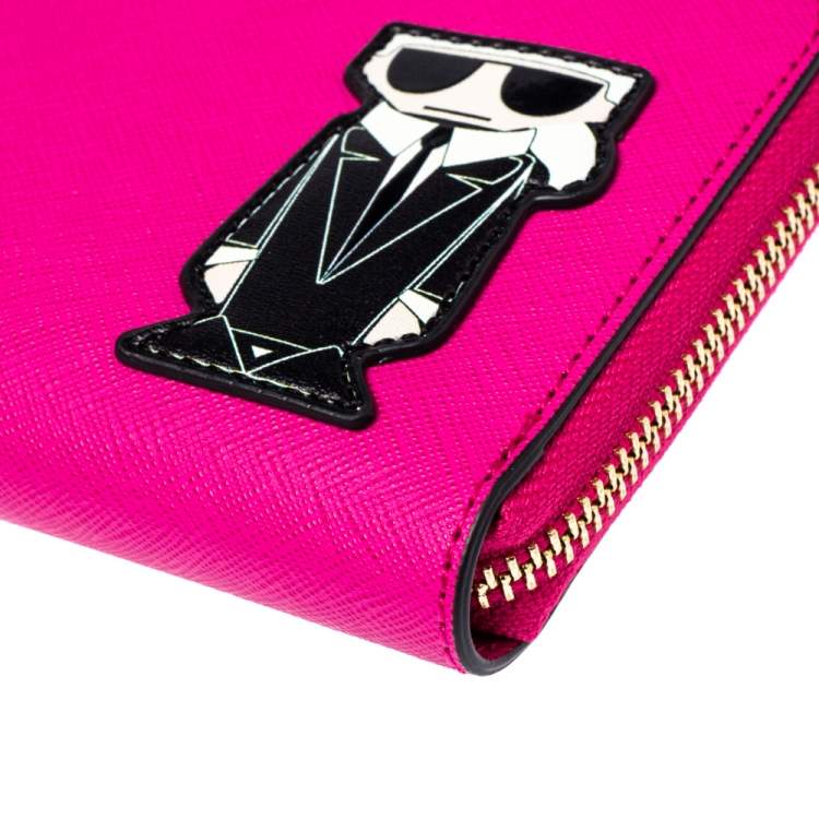 Pre Owned Karl Lagerfeld Pink Leather K/Ikonik Zip Around Wallet