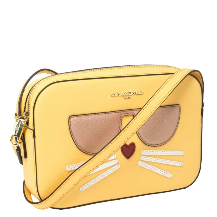 Karl Lagerfeld Yellow Leather Maybelle Choupette Crossbody Bag             