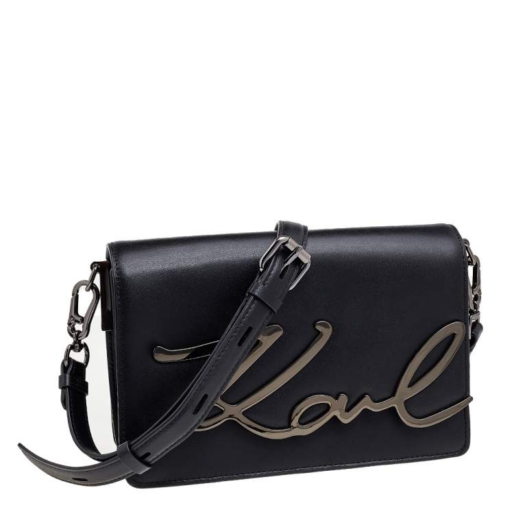 Pre Owned Karl Lagerfeld Black Leather Medium K/Signature Shoulder Bag