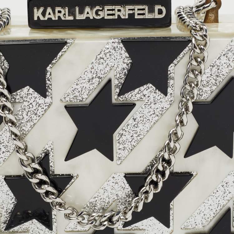 Pre Owned Karl Lagerfeld Black/Silver Marble Effect Glitter Star Chain Box Clutch