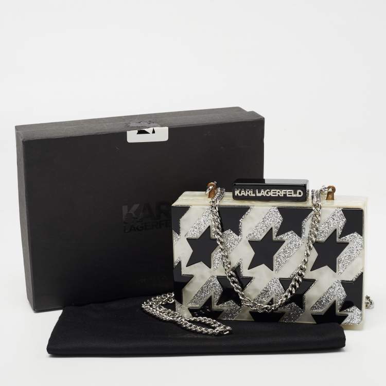 Pre Owned Karl Lagerfeld Black/Silver Marble Effect Glitter Star Chain Box Clutch