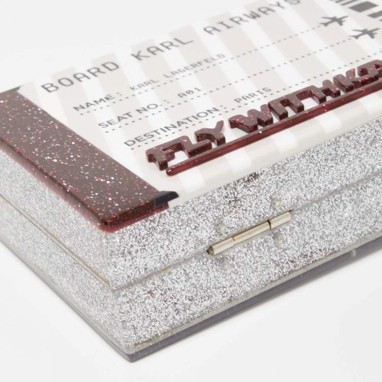 Pre Owned Karl Lagerfeld Multicolor Glitter Acrylic Minaudiere K/Jet Boarding Pass Chain Clutch