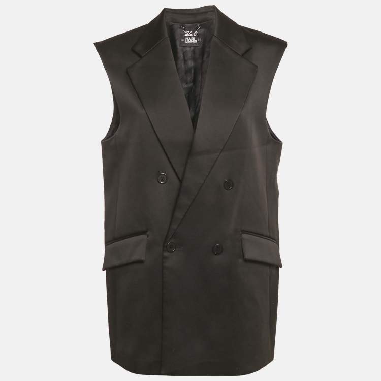 Pre Owned Karl Lagerfeld Black Satin Pleats Detail Tailored Gilet M