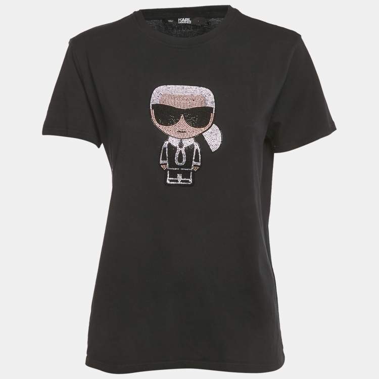 Pre Owned Karl Lagerfeld Black Ikonik Rhinestone Embellished Cotton T-Shirt L 