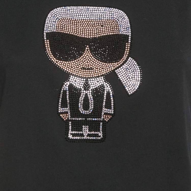 Pre Owned Karl Lagerfeld Black Ikonik Rhinestone Embellished Cotton T-Shirt L 