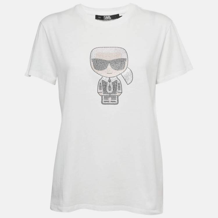 Pre Owned Karl Lagerfeld White Ikonik Studded Cotton Crew Neck T-Shirt L