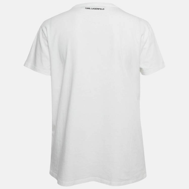 Pre Owned Karl Lagerfeld White Ikonik Studded Cotton Crew Neck T-Shirt L