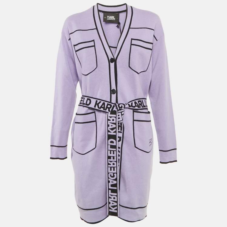 مملوكة مسبقًا Karl Lagerfeld Purple Wool Blend Logo Belted Cardigan M