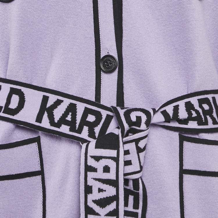 مملوكة مسبقًا Karl Lagerfeld Purple Wool Blend Logo Belted Cardigan M