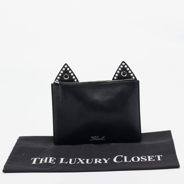 Pre Owned Karl Lagerfeld Black Leather Eyelet Cat Ear Pouch