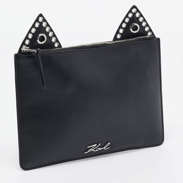 Pre Owned Karl Lagerfeld Black Leather Eyelet Cat Ear Pouch