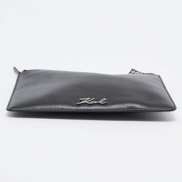 Pre Owned Karl Lagerfeld Black Leather Eyelet Cat Ear Pouch