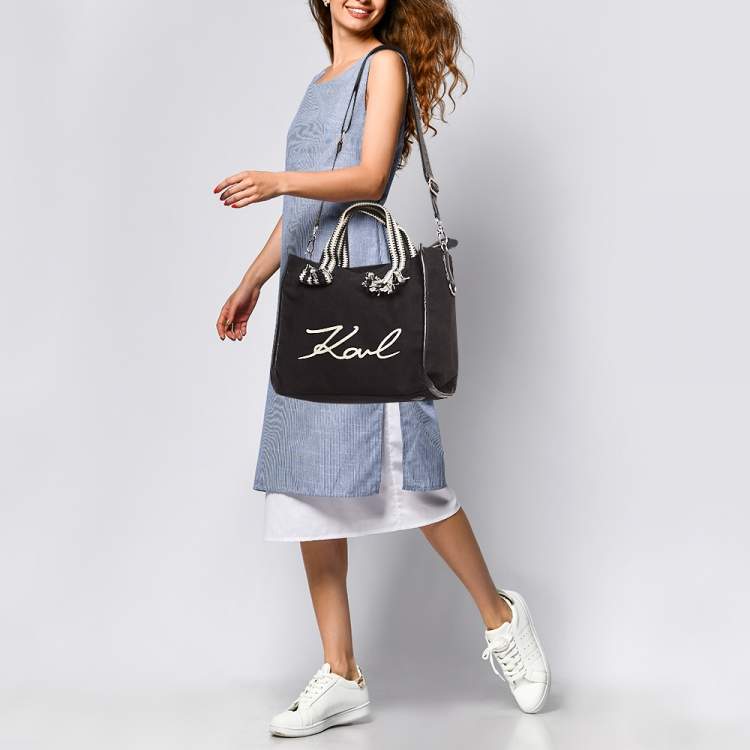 Pre Owned Karl Lagerfeld Black/White Canvas K/Signature Webbing Tote