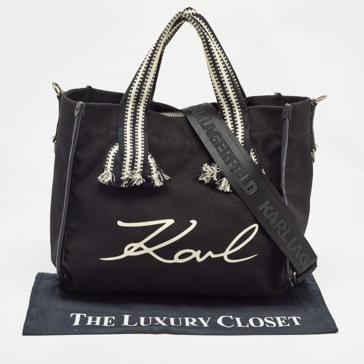 Pre Owned Karl Lagerfeld Black/White Canvas K/Signature Webbing Tote