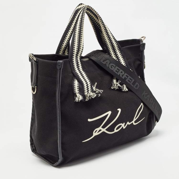 Pre Owned Karl Lagerfeld Black/White Canvas K/Signature Webbing Tote