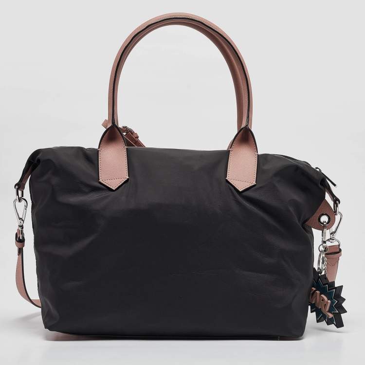 Pre Owned Karl Lagerfeld Black/Pink Leather and Nylon Front Pocket Tote