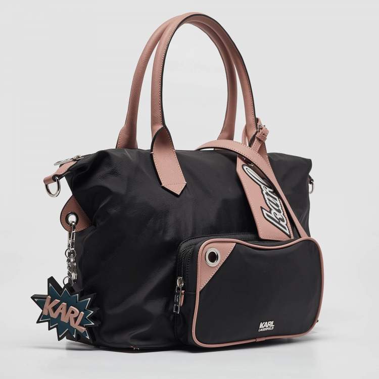 Pre Owned Karl Lagerfeld Black/Pink Leather and Nylon Front Pocket Tote