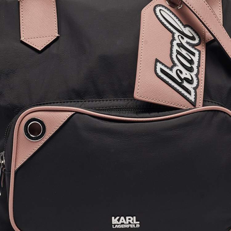 Pre Owned Karl Lagerfeld Black/Pink Leather and Nylon Front Pocket Tote