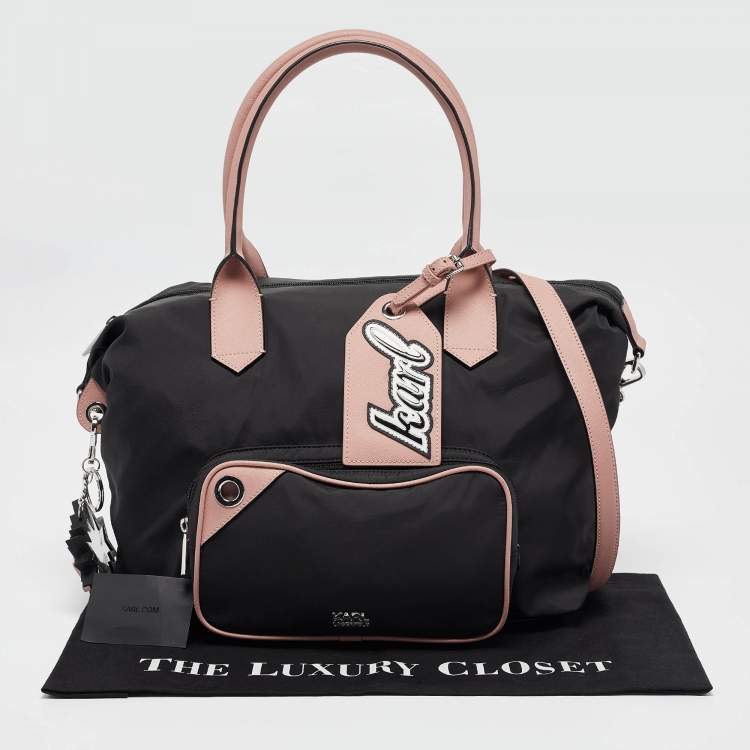 Pre Owned Karl Lagerfeld Black/Pink Leather and Nylon Front Pocket Tote